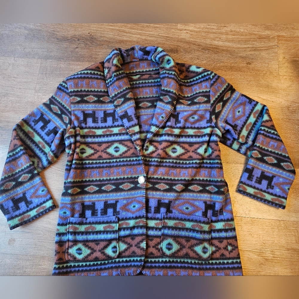 Handmade Fleece Sweater Cardigan Aztec Print Womens Large